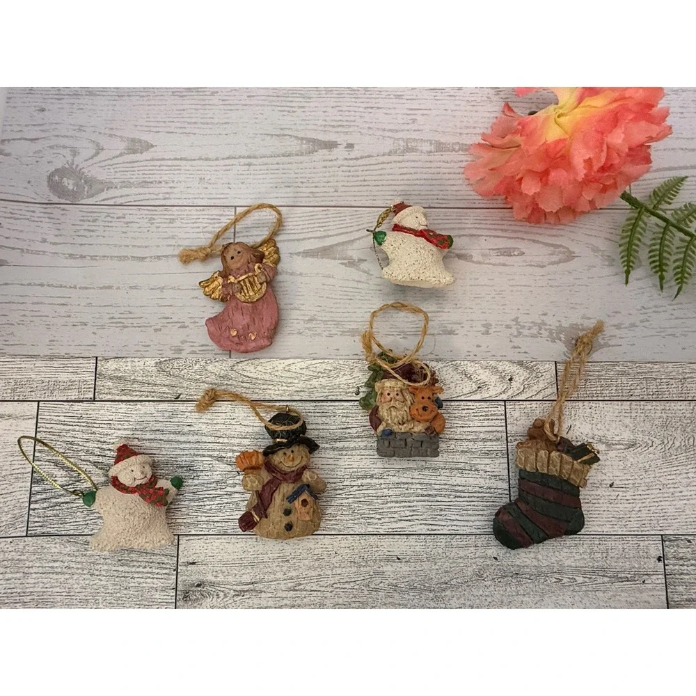 Vintage Y2K Primitive Country Ornaments Set Of 6 Angel Snowman Stocking Santa 2